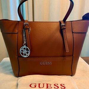 Guess Brown Structured Tote with Saffiano Texture